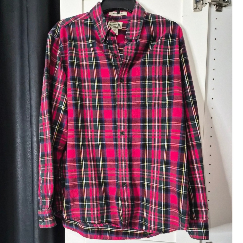 LLBean Flannel Shirt Red Plaid Traditional Fit Long Sleeve Cotton Men's M‎